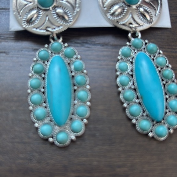 nOir Jewelery post drop earrings, silver tone sand dollar, turquoise faux stones - Picture 3 of 5